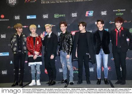 HONG KONG, CHINA - DECEMBER 02: (CHINA OUT) Boy band GOT7 attend 2015 Mnet Asian Music Awards (MAMA) press conference at AsiaWorld-Expo on December 2, 2015 in Hong Kong, China.  CFP476633356