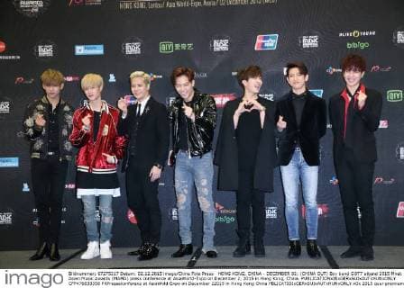 HONG KONG, CHINA - DECEMBER 02: (CHINA OUT) Boy band GOT7 attend 2015 Mnet Asian Music Awards (MAMA) press conference at AsiaWorld-Expo on December 2, 2015 in Hong Kong, China.  CFP476633358