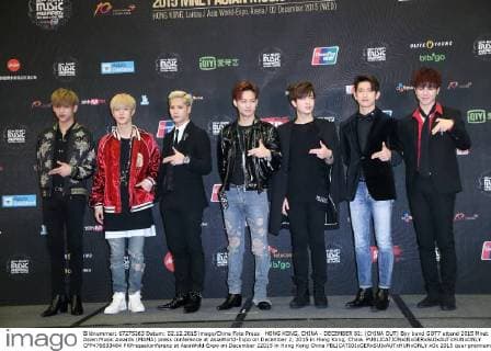 HONG KONG, CHINA - DECEMBER 02: (CHINA OUT) Boy band GOT7 attend 2015 Mnet Asian Music Awards (MAMA) press conference at AsiaWorld-Expo on December 2, 2015 in Hong Kong, China.  CFP476633484