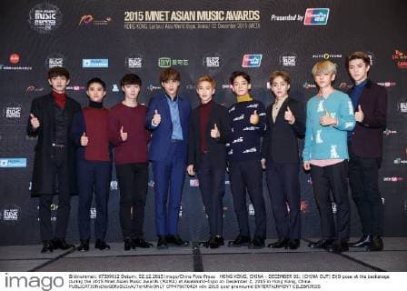 HONG KONG, CHINA - DECEMBER 02: (CHINA OUT) EXO pose at the backstage during the 2015 Mnet Asian Music Awards (MAMA) at AsiaWorld-Expo on December 2, 2015 in Hong Kong, China.  CFP476670424