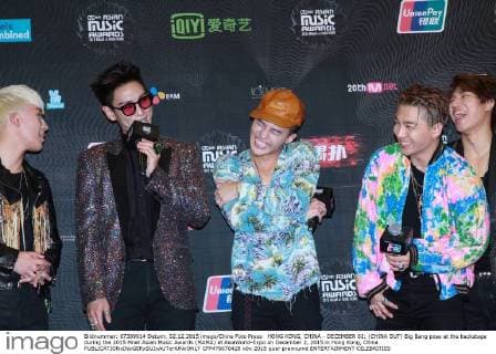 HONG KONG, CHINA - DECEMBER 02: (CHINA OUT) Big Bang pose at the backstage during the 2015 Mnet Asian Music Awards (MAMA) at AsiaWorld-Expo on December 2, 2015 in Hong Kong, China.  CFP476670428