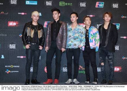 HONG KONG, CHINA - DECEMBER 02: (CHINA OUT) Big Bang pose at the backstage during the 2015 Mnet Asian Music Awards (MAMA) at AsiaWorld-Expo on December 2, 2015 in Hong Kong, China.  CFP476670434