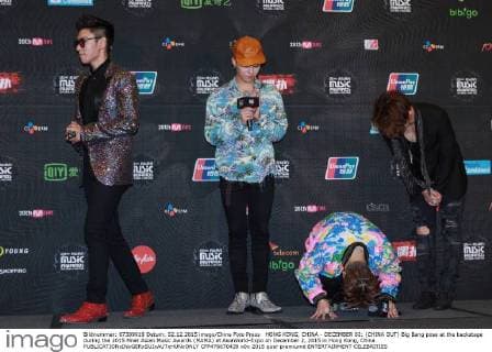 HONG KONG, CHINA - DECEMBER 02: (CHINA OUT) Big Bang pose at the backstage during the 2015 Mnet Asian Music Awards (MAMA) at AsiaWorld-Expo on December 2, 2015 in Hong Kong, China.  CFP476670439