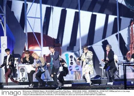 HONG KONG, CHINA - DECEMBER 02: (CHINA OUT) SHINee perform on the stage during the 2015 Mnet Asian Music Awards (MAMA) at AsiaWorld-Expo on December 2, 2015 in Hong Kong, China.  CFP476670862