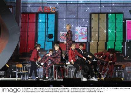 HONG KONG, CHINA - DECEMBER 02: (CHINA OUT) SEVENTEEN perform on the stage during the 2015 Mnet Asian Music Awards (MAMA) at AsiaWorld-Expo on December 2, 2015 in Hong Kong, China.  CFP476670867