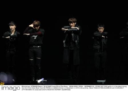 HONG KONG, CHINA - DECEMBER 02: (CHINA OUT) EXO perform on the stage during the 2015 Mnet Asian Music Awards (MAMA) at AsiaWorld-Expo on December 2, 2015 in Hong Kong, China.  CFP476670868