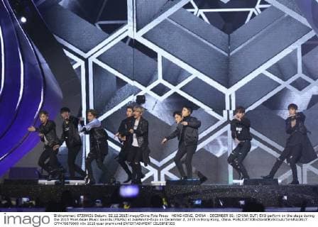 HONG KONG, CHINA - DECEMBER 02: (CHINA OUT) EXO perform on the stage during the 2015 Mnet Asian Music Awards (MAMA) at AsiaWorld-Expo on December 2, 2015 in Hong Kong, China.  CFP476670869