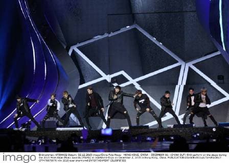 HONG KONG, CHINA - DECEMBER 02: (CHINA OUT) EXO perform on the stage during the 2015 Mnet Asian Music Awards (MAMA) at AsiaWorld-Expo on December 2, 2015 in Hong Kong, China.  CFP476670870