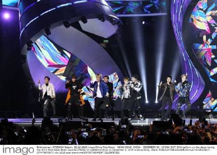 HONG KONG, CHINA - DECEMBER 02: (CHINA OUT) EXO perform on the stage during the 2015 Mnet Asian Music Awards (MAMA) at AsiaWorld-Expo on December 2, 2015 in Hong Kong, China.  CFP476670871