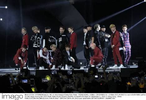 HONG KONG, CHINA - DECEMBER 02: (CHINA OUT) MONSTA X and SEVENTEEN perform on the stage during the 2015 Mnet Asian Music Awards (MAMA) at AsiaWorld-Expo on December 2, 2015 in Hong Kong, China.  CFP476670874