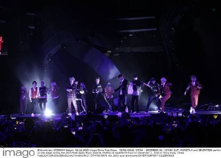 HONG KONG, CHINA - DECEMBER 02: (CHINA OUT) MONSTA X and SEVENTEEN perform on the stage during the 2015 Mnet Asian Music Awards (MAMA) at AsiaWorld-Expo on December 2, 2015 in Hong Kong, China.  CFP476670876