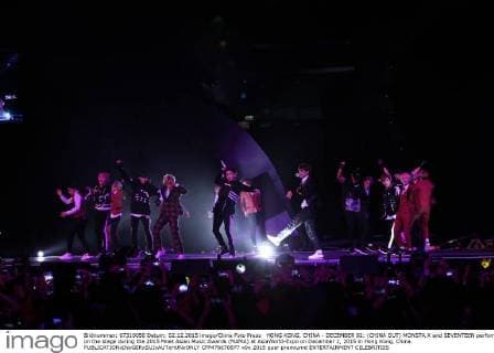 HONG KONG, CHINA - DECEMBER 02: (CHINA OUT) MONSTA X and SEVENTEEN perform on the stage during the 2015 Mnet Asian Music Awards (MAMA) at AsiaWorld-Expo on December 2, 2015 in Hong Kong, China.  CFP476670877