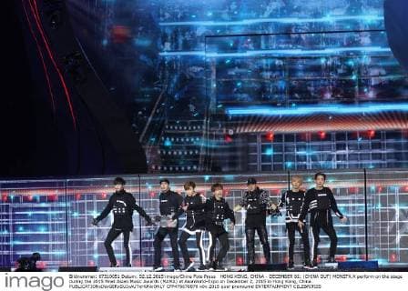 HONG KONG, CHINA - DECEMBER 02: (CHINA OUT) MONSTA X perform on the stage during the 2015 Mnet Asian Music Awards (MAMA) at AsiaWorld-Expo on December 2, 2015 in Hong Kong, China.  CFP476670878
