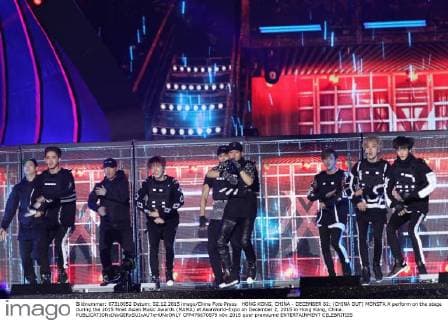 HONG KONG, CHINA - DECEMBER 02: (CHINA OUT) MONSTA X perform on the stage during the 2015 Mnet Asian Music Awards (MAMA) at AsiaWorld-Expo on December 2, 2015 in Hong Kong, China.  CFP476670879