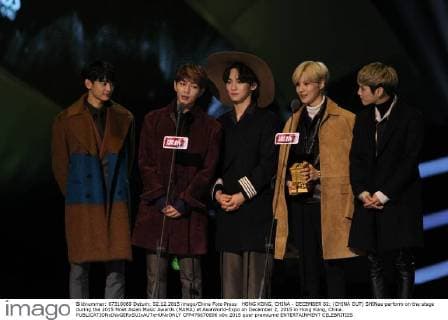 HONG KONG, CHINA - DECEMBER 02: (CHINA OUT) SHINee perform on the stage during the 2015 Mnet Asian Music Awards (MAMA) at AsiaWorld-Expo on December 2, 2015 in Hong Kong, China.  CFP476670896