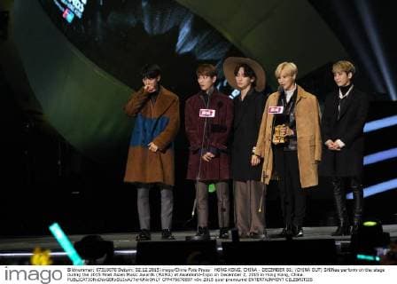 HONG KONG, CHINA - DECEMBER 02: (CHINA OUT) SHINee perform on the stage during the 2015 Mnet Asian Music Awards (MAMA) at AsiaWorld-Expo on December 2, 2015 in Hong Kong, China.  CFP476670897