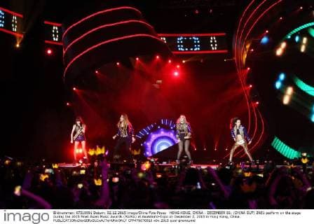 HONG KONG, CHINA - DECEMBER 02: (CHINA OUT) 2NE1 perform on the stage during the 2015 Mnet Asian Music Awards (MAMA) at AsiaWorld-Expo on December 2, 2015 in Hong Kong, China.  CFP476670910