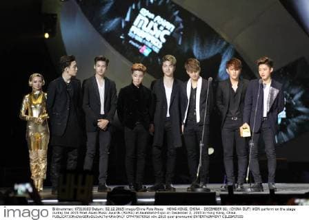 HONG KONG, CHINA - DECEMBER 02: (CHINA OUT) iKON perform on the stage during the 2015 Mnet Asian Music Awards (MAMA) at AsiaWorld-Expo on December 2, 2015 in Hong Kong, China.  CFP476670916