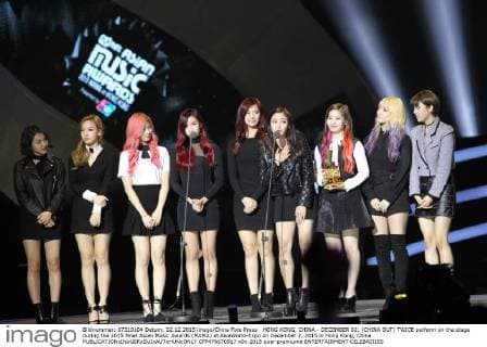 HONG KONG, CHINA - DECEMBER 02: (CHINA OUT) TWICE perform on the stage during the 2015 Mnet Asian Music Awards (MAMA) at AsiaWorld-Expo on December 2, 2015 in Hong Kong, China.  CFP476670917