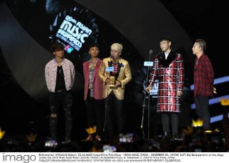 HONG KONG, CHINA - DECEMBER 02: (CHINA OUT) Big Bang perform on the stage during the 2015 Mnet Asian Music Awards (MAMA) at AsiaWorld-Expo on December 2, 2015 in Hong Kong, China.  CFP476670924