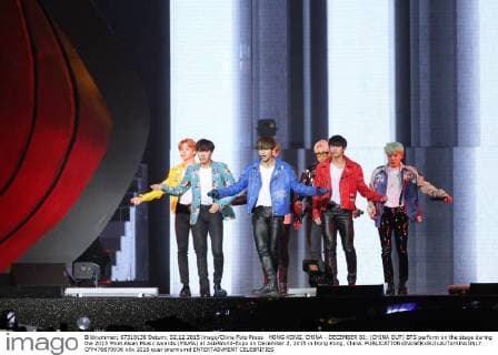 HONG KONG, CHINA - DECEMBER 02: (CHINA OUT) BTS perform on the stage during the 2015 Mnet Asian Music Awards (MAMA) at AsiaWorld-Expo on December 2, 2015 in Hong Kong, China.  CFP476670936