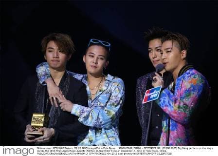 HONG KONG, CHINA - DECEMBER 02: (CHINA OUT) Big Bang perform on the stage during the 2015 Mnet Asian Music Awards (MAMA) at AsiaWorld-Expo on December 2, 2015 in Hong Kong, China.  CFP476676822