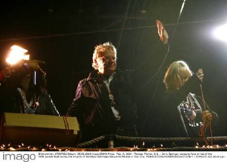 Feb. 8, 2014 - Tampa, Florida, U.S. - Jerry Springer waves to fans on top of the MOR parade float during the Knights of SantÃ¢â‚¬â„¢Yago Gasparilla Parade in Ybor City. - ZUMAs70