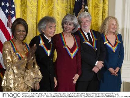 Dec. 6, 2015 - Washington, District of Columbia, United States of America - Actress and Broadway star Cicely Tyson (L), conductor Seiji Ozawa (C-L), actress and singer Rita Moreno (C), filmmaker George Lucas (C-R), singer-songwriter Carole King (R) attend the Kennedy Center Honorees Reception in the East Room of the White House in Washington, DC, USA, 06 December 2015. US President Barack Obama and First Lady Michelle Obama hosted the gathering. The 2015 Kennedy Center honorees are: singer-songwriter Carole King, filmmaker George Lucas, actress and singer Rita Moreno, conductor Seiji Ozawa, and actress and Broadway star Cicely Tyson. .Credit: Jim LoScalzo Pool via CNP Washington United States of America - ZUMAs152