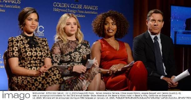 Actors America Ferrera, Chloe Grace Moretz, Angela Bassett and Dennis Quaid (L-R) wait to announce nominations for the 73rd annual Golden Globe Awards at the Beverly Hilton Hotel in Beverly Hills, California on December 10, 2015. Winners will be announced during an NBC telecast on January 10, 2015.  LAP2015121011 JIMxRUYMEN