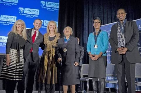 Dec. 10, 2015 - Washington, District of Columbia, United States of America - Annette Lantos Tillemann-Dick, Dr. Tomicah Tillemann, and Katrina Lantos Swett honor 2015 Lantos Prize recipients Rebiya Kadeer, Irshad Manji, and Ayaan Hirsi Ali at a ceremony on Capitol Hill in Washington, DC on December 10, 2015..Credit: Washington United States of America - ZUMAs152