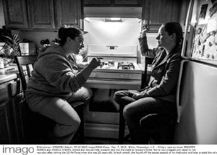 Dec. 7, 2013 - Biloxi, Mississippi, U.S. - Military rape survivors JENNIFER NORRIS and JESSICA HINVES, smoke and discuss their assaults late into the night at Jessica s home. Norris was drugged and raped by her recruiter after joining the US Air Force when she was 21 years old. In tech school, she fought off the sexual assault of her instructor and later evaded the advances of her commanders. It s like being in a domestic violence marriage that you can t get divorced from, she said. Norris reported the assaults, rape and harassment and saw her attackers punished but then suffered a sustained campaign of retaliation by her peers at work. Hinves, was an Air Force fighter jet mechanic when she was raped by a member of her squadron at Lackland Air Force Base. The case against her rapist was thrown out the day before the trial was to begin by a commander who said Though he didn t act like - ZUMAcv4
