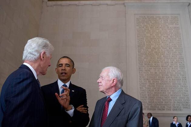 Aug. 28, 2013 - Washington, DC, United States of America - US President Barack Obama talks with former Presidents Bill Clinton and Jimmy Carter prior to the Let Freedom Ring ceremony to commemorate the 50th anniversary of the historic March on Washington for Jobs and Freedom at the Lincoln Memorial August 28, 2013 in Washington, DC. Washington United States of America - ZUMAp138
