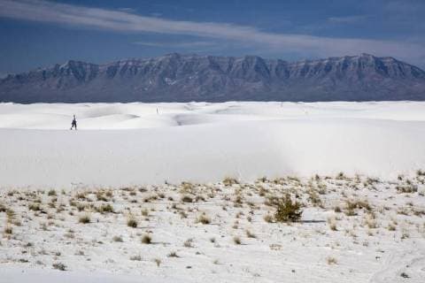Eine Frau wandert im Naturschutzgebiet White Sands National Monument, Alamogordo, New Mexico, USA, Nordamerika Copyright: imageBROKER/JimxWest iblwes04265865.jpg