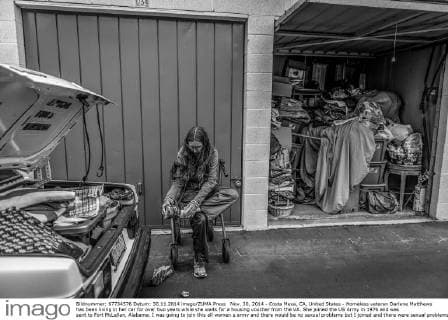 Nov. 30, 2014 - Costa Mesa, CA, United States - Homeless veteran Darlene Matthews has been living in her car for over two years while she waits for a housing voucher from the VA. She joined the US Army in 1976 and was sent to Fort McLellan, Alabama. I was going to join this all women s army and there would be no sexual problems but I joined and there were sexual problems. She was beyond horrified when she discovered that it wasn t a safe place and instead full of illegal punishments and all this sexual stuff. The whole atmosphere was abusive. Her life spiraled down after she got out of the military and found herself very depressed. She joined the military to escape a chaotic abusive home life and was forced back into it when she was discharged. She has been fighting with the VA for benefits including housing vouchers but has been living in her car in the parking lot of a mortuar - ZUMAcv4_