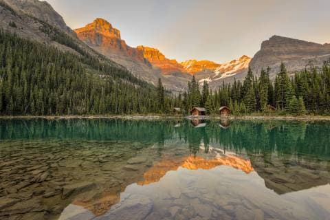 Lake O Hara Lodge guest cabins and peaks are reflected in the calm lake at sunset. Lake O Hara, Yoho National Park, British Columbia Canada.No Property Release  acp90929 Photography