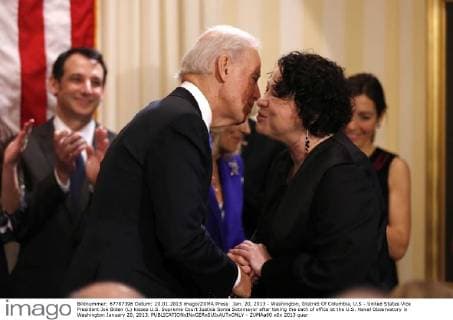 Jan. 20, 2013 - Washington, District Of Columbia, U.S - United States Vice President Joe Biden (L) kisses U.S. Supreme Court Justice Sonia Sotomayor after taking the oath of office at the U.S. Naval Observatory in Washington January 20, 2013. - ZUMAa60