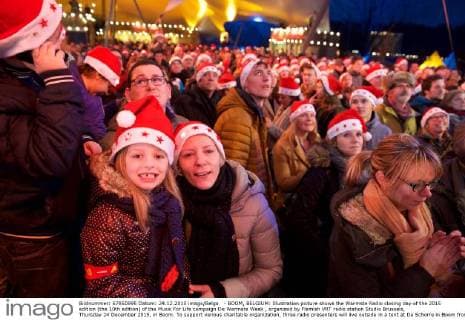 - BOOM, BELGIUM: Illustration picture shows the Warmste Radio closing day of the 2015 edition (the 10th edition) of the Music For Life campaign De Warmste Week , organized by Flemish VRT radio station Studio Brussels, Thursday 24 December 2015, in Boom. To support various charitable organization, three radio presenters will live outside in a tent at De Schorre in Boom from 18 to 24 December, playing only songs requested by listeners, who pay to hear their favorite songs on the radio.  NICOLASxMAETERLINCK 04763231