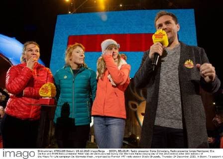 - BOOM, BELGIUM: Radio presenter Siska Schoeters, Radio presenter Linde Merckpoel, Eva De Roo and MNM Radio presenter Peter Van de Veire pictured during the Warmste Radio closing day of the 2015 edition (the 10th edition) of the Music For Life campaign De Warmste Week , organized by Flemish VRT radio station Studio Brussels, Thursday 24 December 2015, in Boom. To support various charitable organization, three radio presenters will live outside in a tent at De Schorre in Boom from 18 to 24 December, playing only songs requested by listeners, who pay to hear their favorite songs on the radio.  NICOLASxMAETERLINCK 04763234