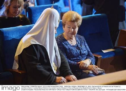 MOSCOW, RUSSIA. DECEMBER 25, 2015. Patriarch Kirill of Moscow and all Russia (L) and Boris Yeltsin s widow Naina Yeltsina at a concert by the Children s Choir of Russia in the State Kremlin Palace. Alexei Druzhinin Russian Presidential Press and Information Office TASS  TS014A49