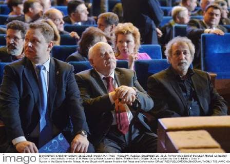 MOSCOW, RUSSIA. DECEMBER 25, 2015. Former president of the USSR Mikhail Gorbachev (C front), and artistic director of St Petersburg State Academic Ballet Theatre Boris Eifman (R) at a concert by the Children s Choir of Russia in the State Kremlin Palace. Alexei Druzhinin Russian Presidential Press and Information Office TASS  TS014A4C