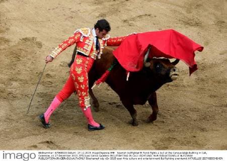 Spanish bullfighter El Fandi fights a bull at the Canaveralejo bullring in Cali, Colombia, on 27 December 2015. EFE Juan Carlos Quintero BULLFIGHTING IN CALI !ACHTUNG: NUR REDAKTIONELLE NUTZUNG! 
