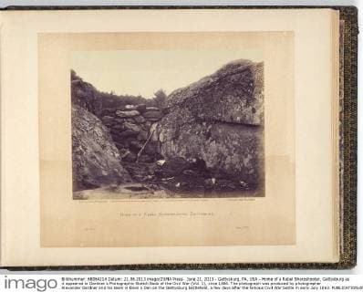 June 21, 2013 - Gettysburg, PA, USA - Home of a Rebel Sharpshooter, Gettysburg as it appeared in Gardner s Photographic Sketch Book of the Civil War (Vol. 1), circa 1866. The photograph was produced by photographer Alexander Gardner and his team in Devil s Den on the Gettysburg battlefield, a few days after the famous Civil War battle in early July 1863. - ZUMAm67