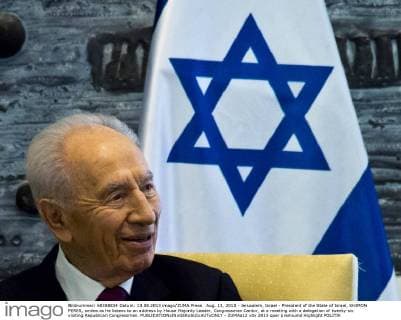 Aug. 13, 2013 - Jerusalem, Israel - President of the State of Israel, SHIMON PERES, smiles as he listens to an address by House Majority Leader, Congressman Cantor, at a meeting with a delegation of twenty-six visiting Republican Congressmen. - ZUMAa12