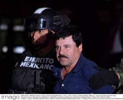 Jan. 8, 2016 - Mexico, Distrito Federal, MEXICO - Joaquin El Chapo Guzman faces the press as he is escorted to a helicopter in handcuffs by Mexican soldiers and marines at a federal hangar in Mexico City, Mexico, Friday January. 8, 2016. ANTONIO NAVA PI Mexico MEXICO - ZUMAp124