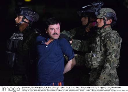 Jan. 8, 2016 - Mexico, Distrito Federal, MEXICO - Joaquin El Chapo Guzman faces the press as he is escorted to a helicopter in handcuffs by Mexican soldiers and marines at a federal hangar in Mexico City, Mexico, Friday January. 8, 2016. ANTONIO NAVA PI Mexico MEXICO - ZUMAp124