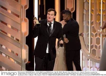 Jan 10, 2016 - Beverly Hills, California, U.S. - Quentin Tarantino accepts the Golden Globe for Ennio Morricone for BEST ORIGINAL SCORE â MOTION PICTURE for The Hateful Eight at the 73rd Annual Golden Globe Awards at the Beverly Hilton in Beverly Hills. Beverly Hills U.S. - ZUMAz03_