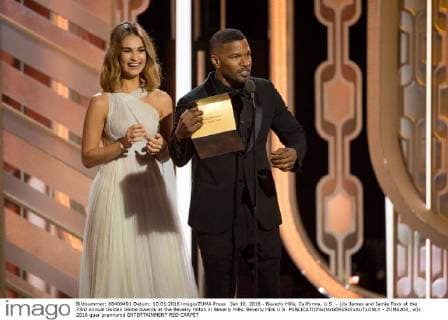 Jan 10, 2016 - Beverly Hills, California, U.S. - Lily James and Jamie Foxx at the 73rd Annual Golden Globe Awards at the Beverly Hilton in Beverly Hills. Beverly Hills U.S. - ZUMAz03_