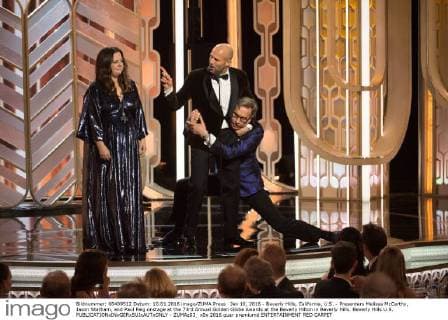 Jan 10, 2016 - Beverly Hills, California, U.S. - Presenters Melissa McCarthy, Jason Statham, and Paul Feig onstage at the 73rd Annual Golden Globe Awards at the Beverly Hilton in Beverly Hills. Beverly Hills U.S. - ZUMAz03_