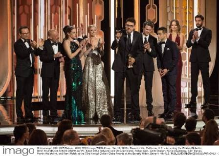 Jan 10, 2016 - Beverly Hills, California, U.S. - Accepting the Golden Globe for BEST TELEVISION SERIES DRAMA for Mr. Robot (USA Network) are Christian Slater, Steve Golin, Carly Chaikin, Portia Doubleday, Sam Esmail, Martin Wallström, and Rami Malek at the 73rd Annual Golden Globe Awards at the Beverly Hilton. Beverly Hills U.S. - ZUMAz03_