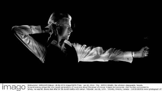 Jan 10, 2016 - File - DAVID BOWIE, the infinitely changeable, fiercely forward-looking songwriter who taught generations of musicians about the power of drama, images and personae, died Sunday surrounded by family. He was 69. Bowie died after an 18-month battle with cancer. Pictured: Jun 28, 1976 - Toronto, Ontario, Canada - DAVID BOWIE iconic photograph of the Thin White Duke (Bowie’s theatrical persona at the time) in his ‘Archer’ shot at Maple Leaf Gardens in Toronto, during the singer’s 1976 Station to Station tour. Los Angeles U.S. - ZUMAr81_